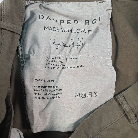 Dapper Boi Chino Slim Premium Pants Stretch Unisex Size 48x31 Olive Green Preppy - Picture 8 of 8